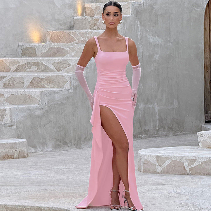 Women's elegant open back maxi dress, a perfect slip design for evening and summer.