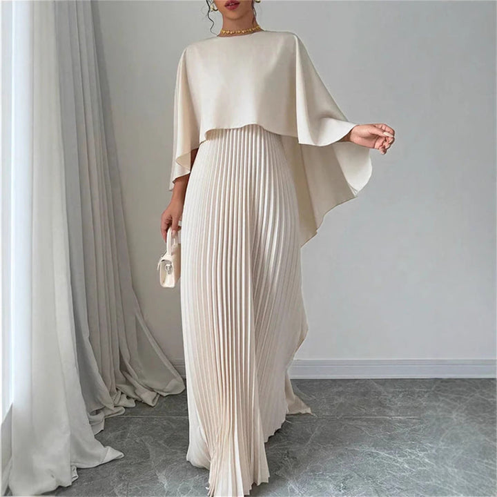 Elegant pleated batwing sleeve maxi dress in black polyester, perfect for formal evening events or autumn fashion.