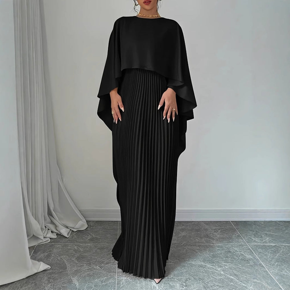 Women's new elegant pleated maxi dress with chic batwing sleeves and flowy silhouette, ideal for special occasions.