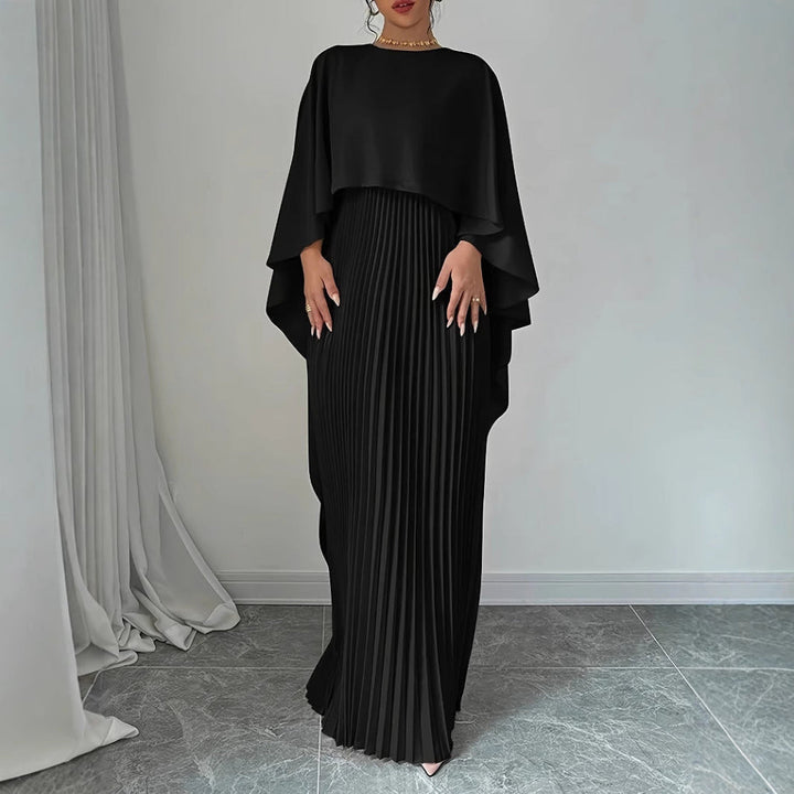 Women's new elegant pleated maxi dress with chic batwing sleeves and flowy silhouette, ideal for special occasions.