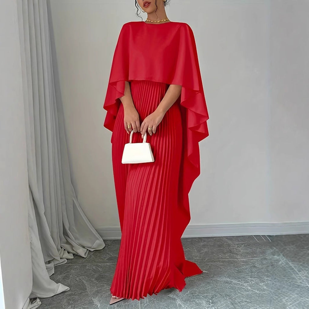 Stylish polyester maxi dress with intricate pleating and comfortable batwing sleeves, enhancing any autumn wardrobe.