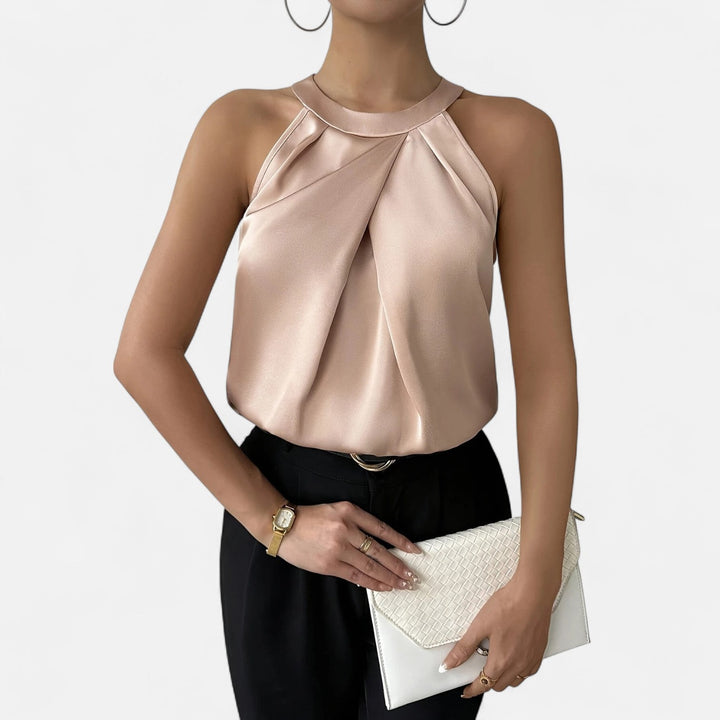 Elegant pleated draped satin tank top for women in beige, perfect for office or evening wear.