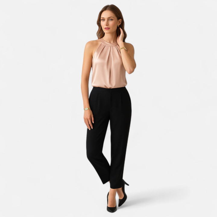 Women's elegant satin tank top, featuring a pleated and draped design, suitable for any occasion.