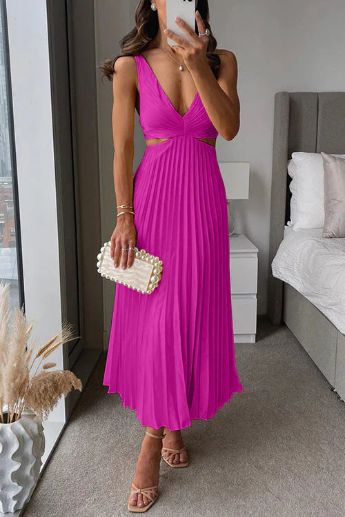New women's pleated maxi dress, elegant flowy summer gown perfect for occasion wear, V-neck style