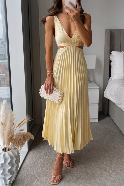 Sleeveless pleated maxi dress, elegant flowy gown with V-neck and cut-out waist, ideal party dress