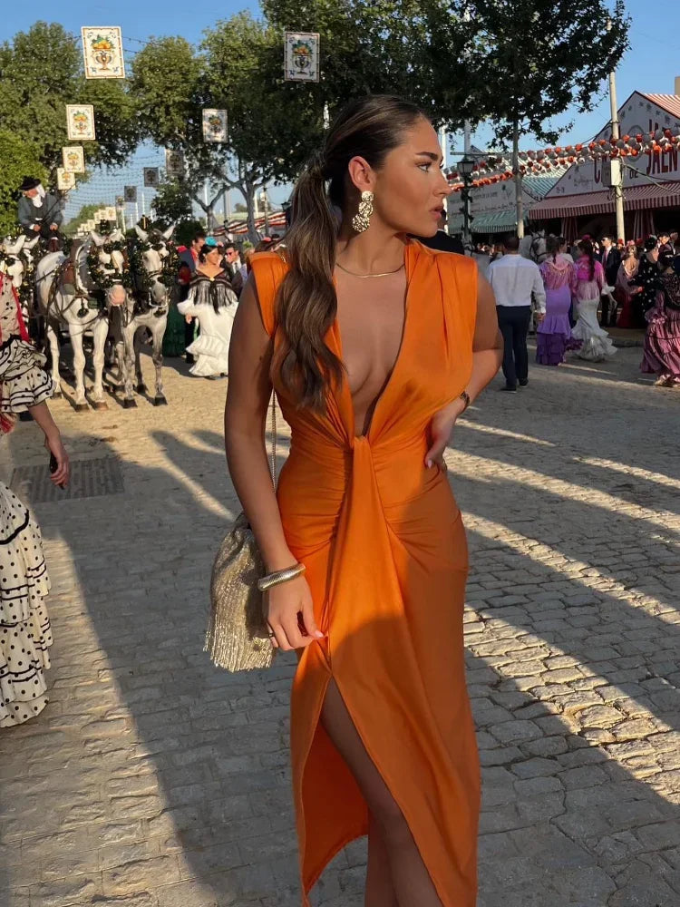 Casual elegant women's maxi dress, sleeveless with beautiful pleats for summer style