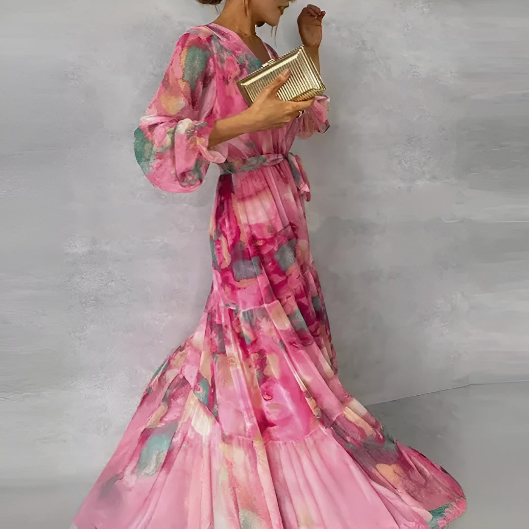 Stylish women's summer midi dress, pleated design with a beautiful floral print
