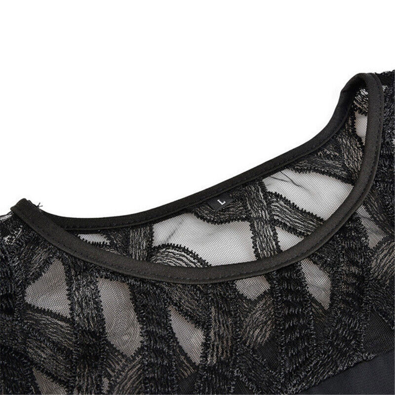 Elegant plus size midi dress for women, featuring delicate lace long sleeves & round neck.