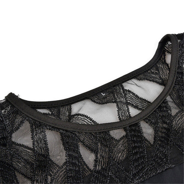 Elegant plus size midi dress for women, featuring delicate lace long sleeves & round neck.