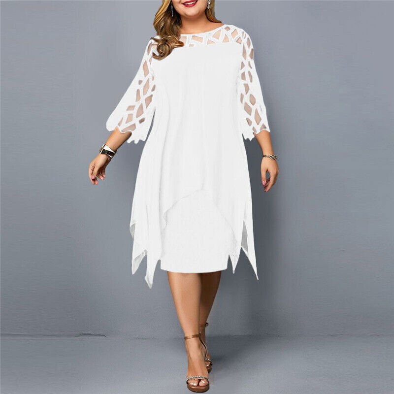 Refined women's plus size midi dress, elegant style, with delicate lace long sleeves & round neckline.