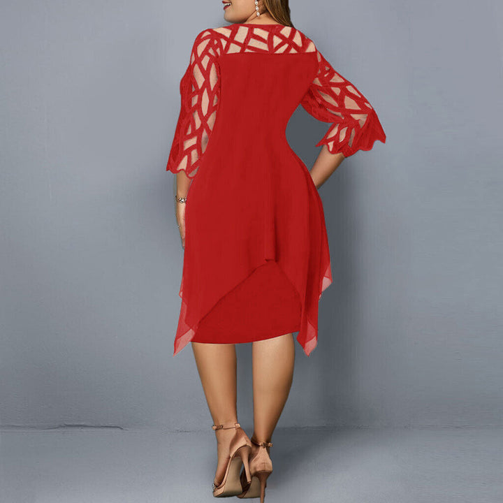Women's elegant plus size midi dress with lace sleeves, perfect for special occasions.