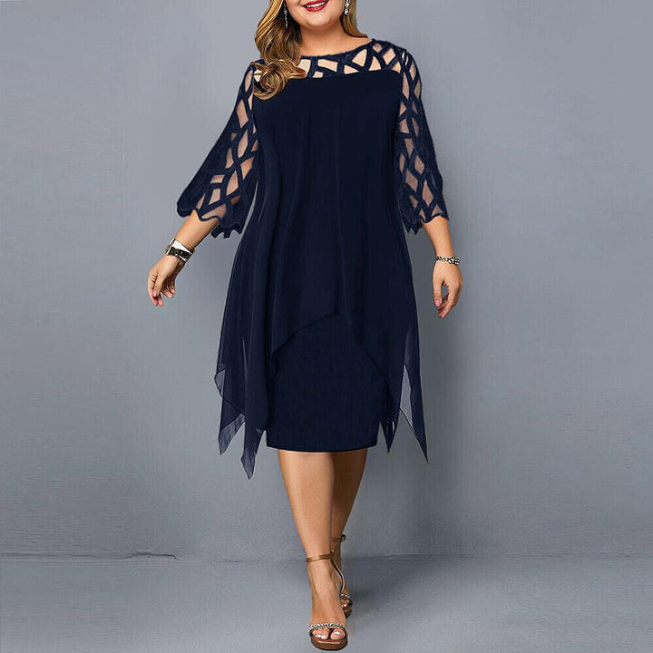 Stunning women's plus size midi dress, elegant design with lace long sleeves & round neck.