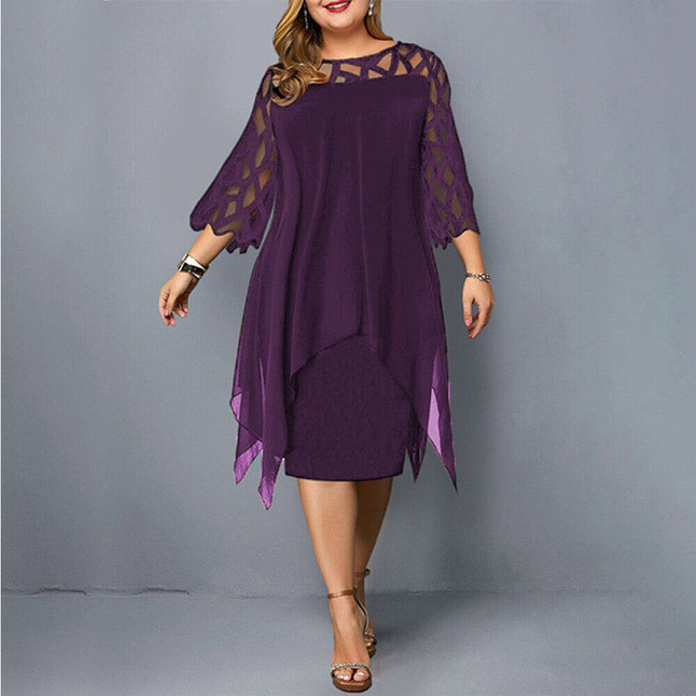 Beautiful women's plus size midi dress, elegant, with sheer lace long sleeves & round neck.