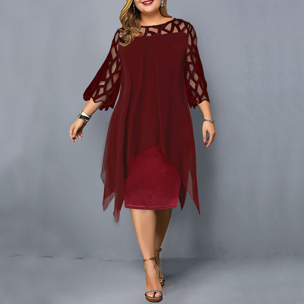 Elegant women's plus size midi dress, long lace sleeves, ideal for special events & timeless fashion.