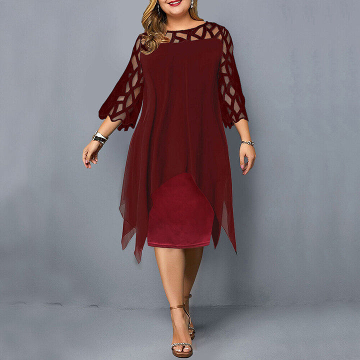 Elegant women's plus size midi dress, long lace sleeves, ideal for special events & timeless fashion.