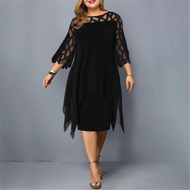 Chic women's plus size midi dress, round neck, fashion-forward with elegant lace long sleeves.