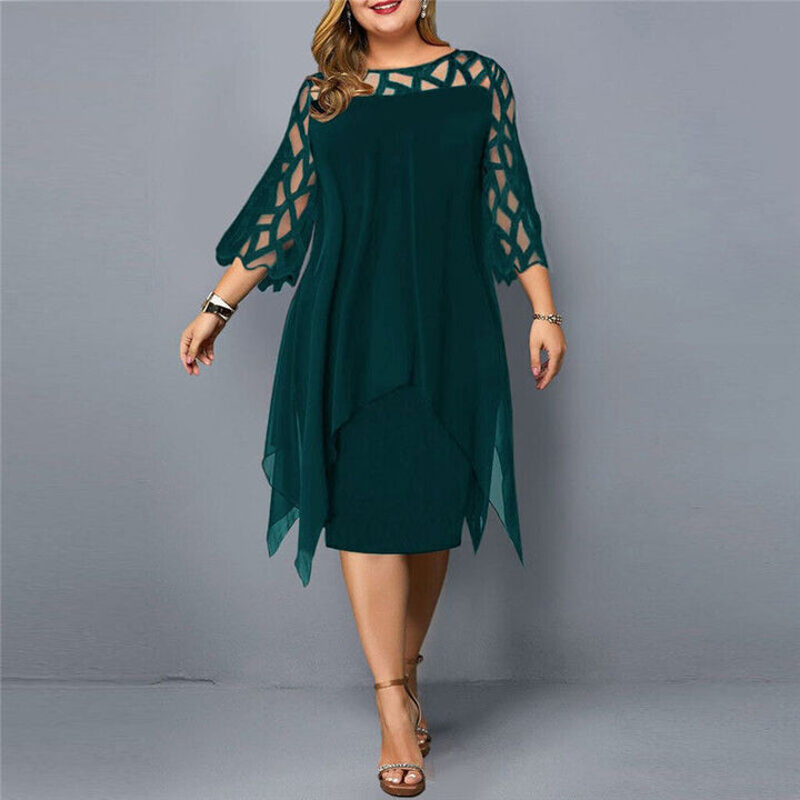 Comfortable & elegant women's plus size midi dress, featuring beautiful lace long sleeves.