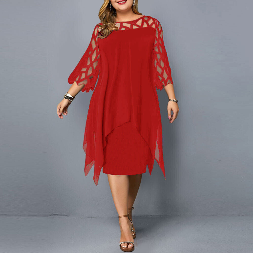 Versatile women's plus size midi dress, elegant lace sleeves, suitable for many special occasions.