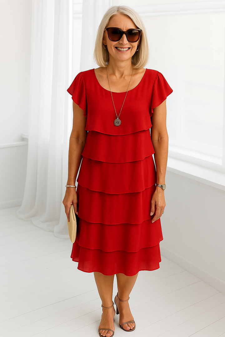 Elegant red layered midi dress for women, short sleeves, perfect for parties.