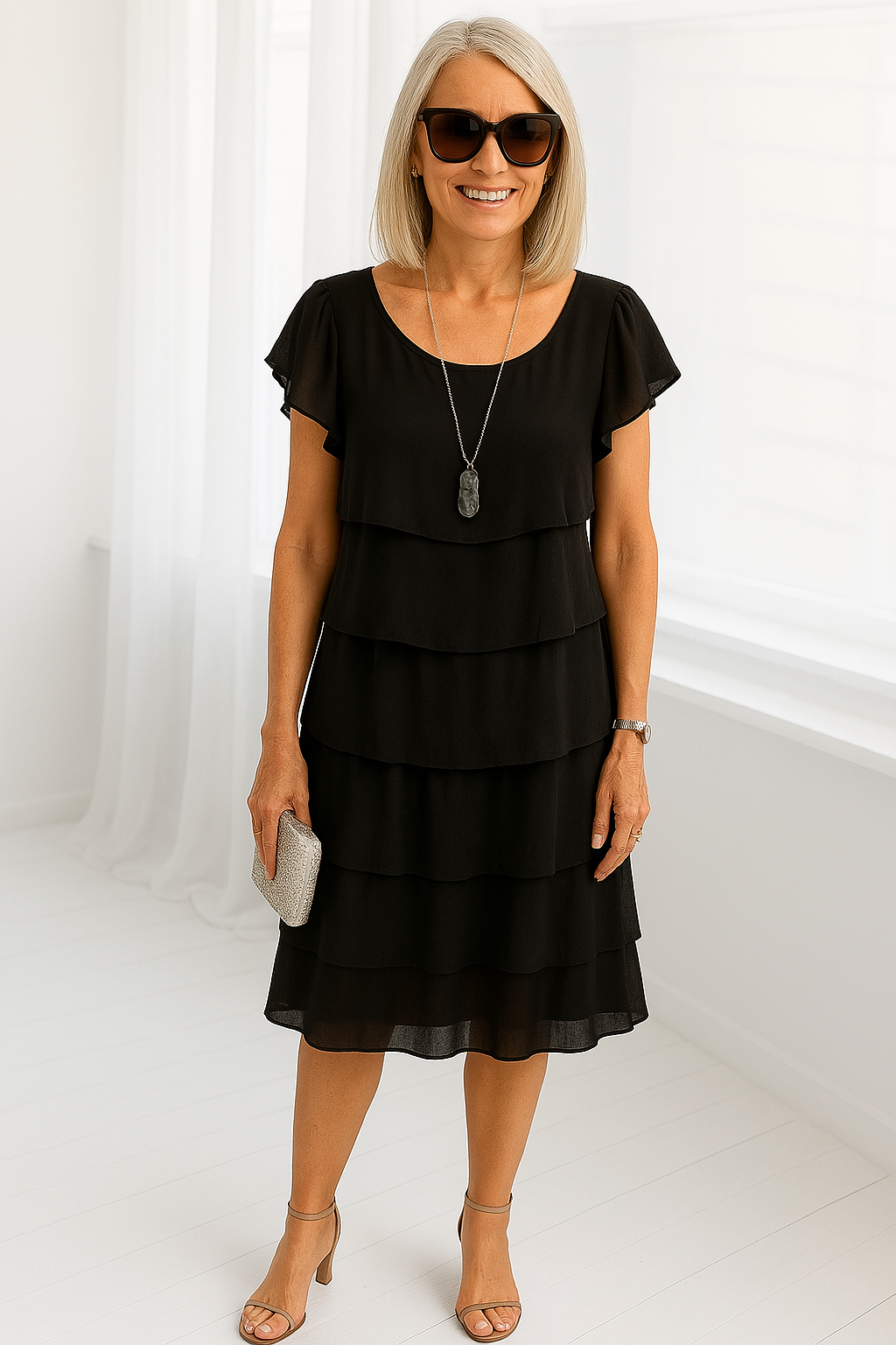 Black women's short sleeve layered midi dress, chic partywear and casual option.