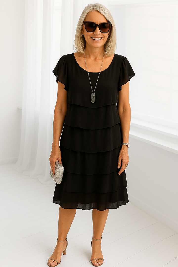 Black women's short sleeve layered midi dress, chic partywear and casual option.