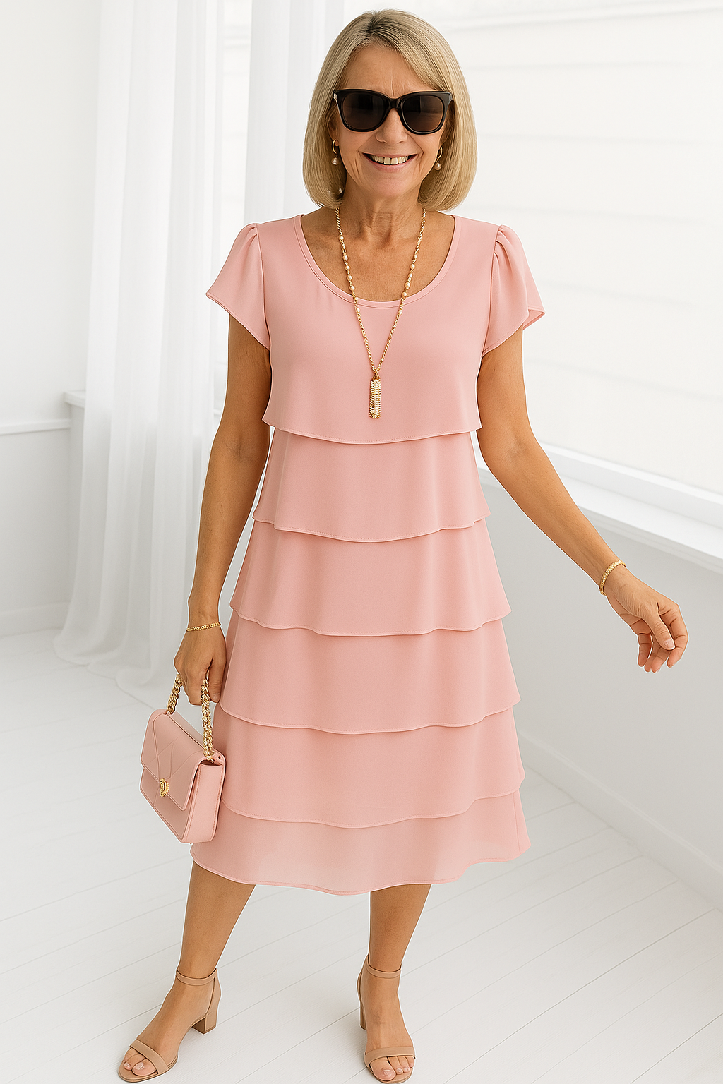 Women's tiered short sleeve midi dress in a rich red, suitable for various occasions.