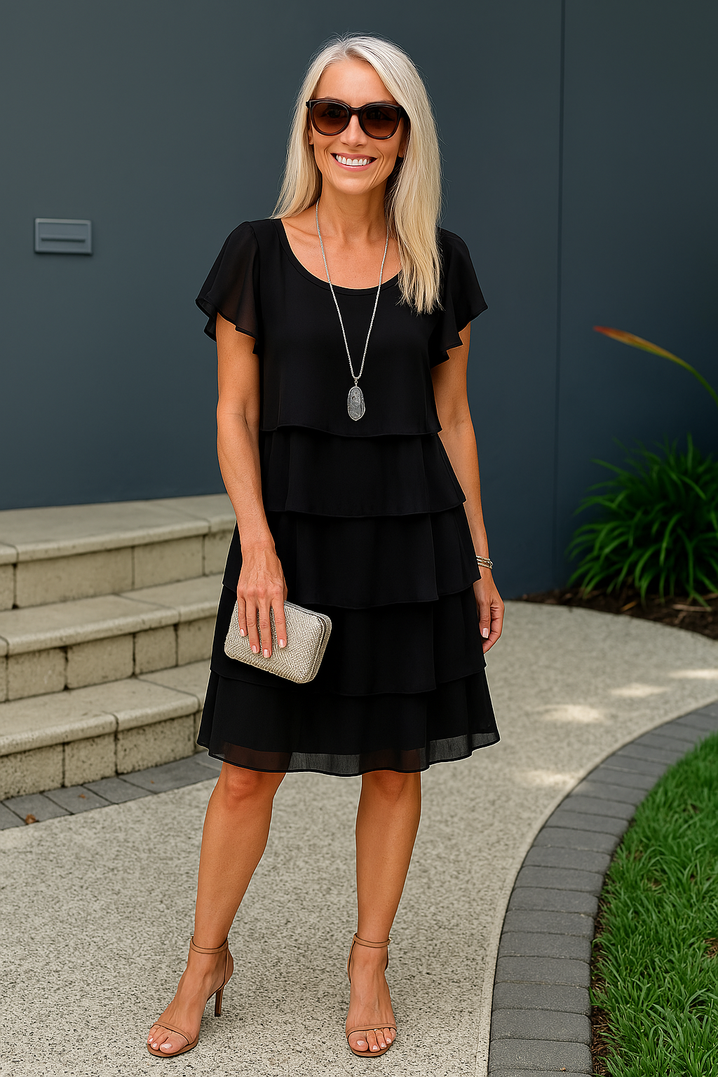 Graceful pink short sleeve layered midi dress, a versatile piece for women's wardrobe.
