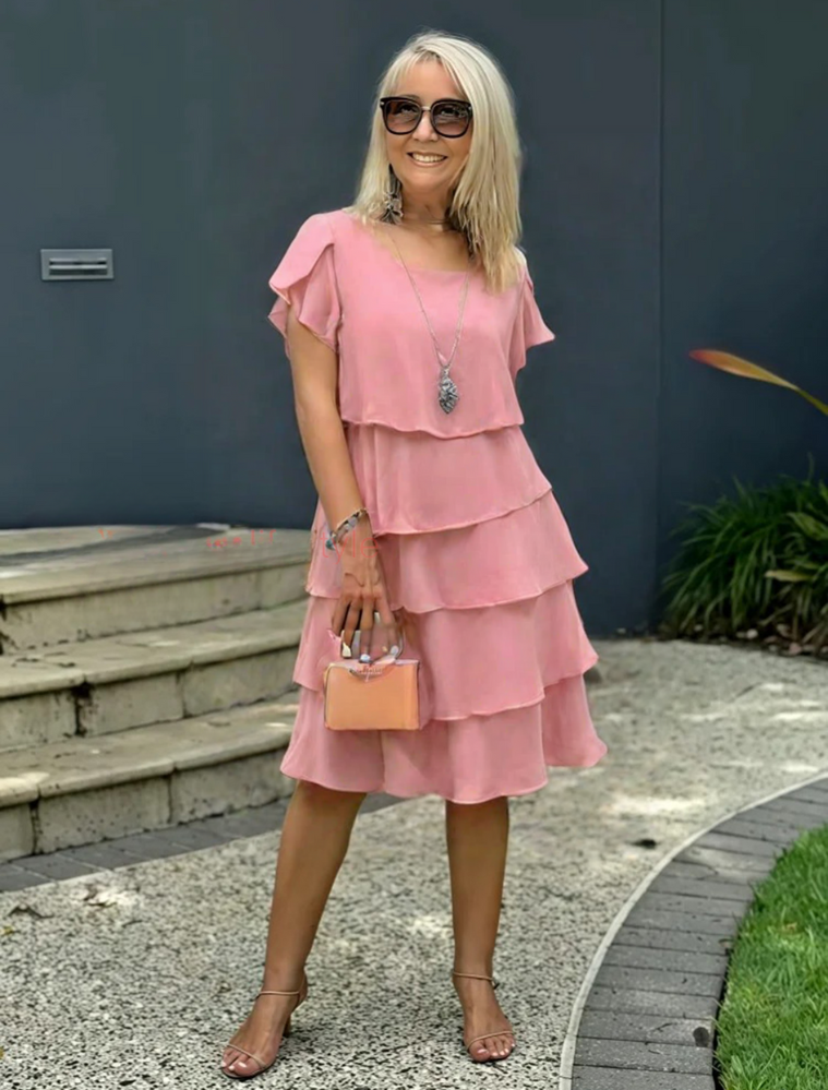 Chic women's short sleeve layered midi dress, available in red, black, and pink.