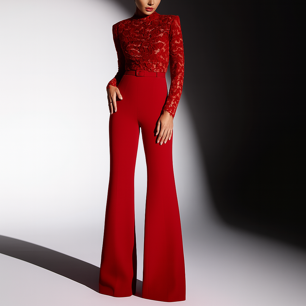 Elegant red women's jumpsuit with embroidered lace bodice, belted waist, and flared legs for formal occasion wear.