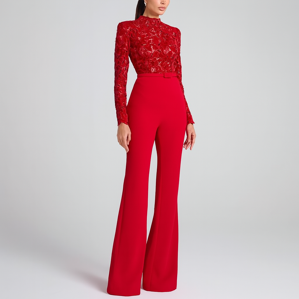 Stylish women's red jumpsuit featuring a delicate lace embroidered top, cinched waist, and wide leg for evening.