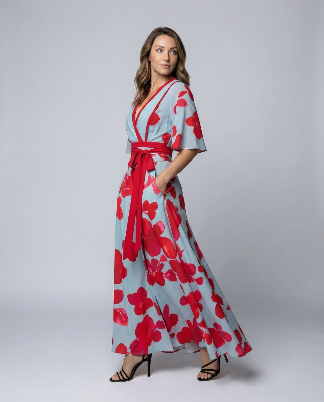 Elegant red women's robe dress with a flattering V-neck and flowing fit, perfect for evening wear.