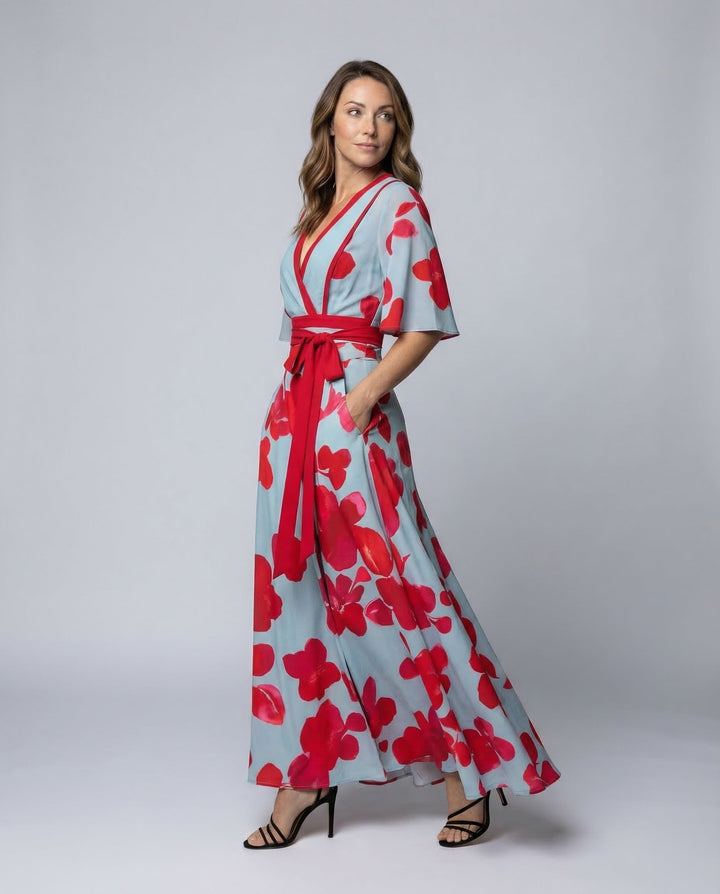 Elegant red women's robe dress with a flattering V-neck and flowing fit, perfect for evening wear.