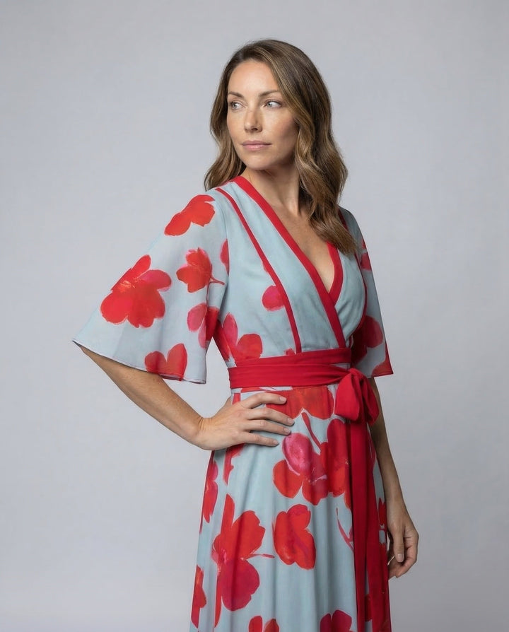Red elegant V-neck robe dress for women, featuring a flattering wrap design & comfortable flowing fit.