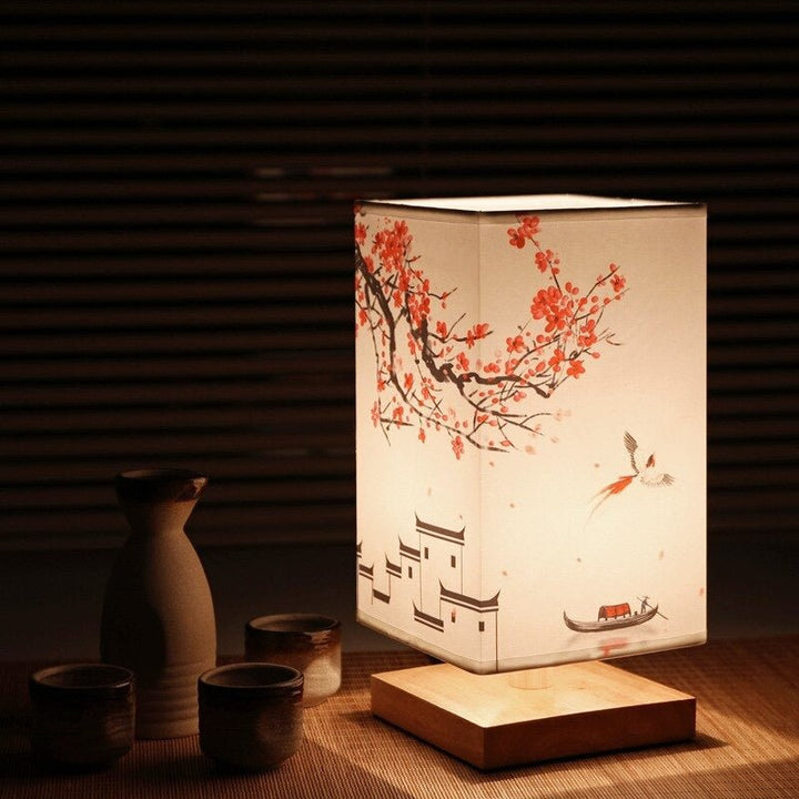 Elegant Scandinavian table lamp with Japanese print fabric shade. Perfect for minimalist interior decor.