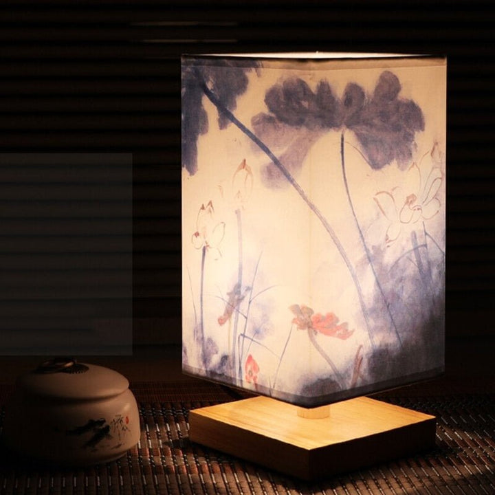 Modern Scandinavian table lamp with unique Japanese patterned shade, ideal accent lighting for living room.