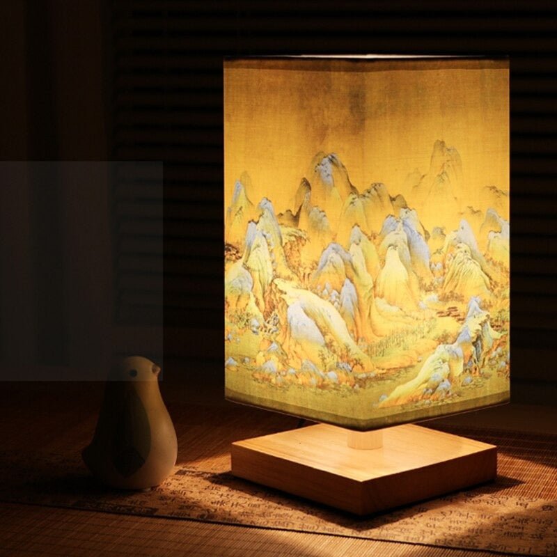 Stylish bedroom table lamp featuring a Scandinavian design & serene Japanese print fabric shade. Zen decor.