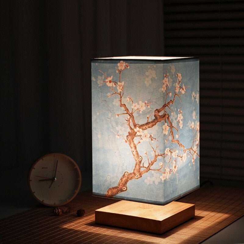 Decorative living room lamp: a Scandinavian base with a beautiful Japanese patterned fabric shade. Tabletop.