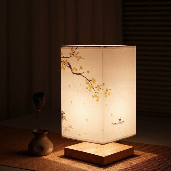 Elegant Scandinavian lamp with a calming Japanese design fabric shade, perfect for a peaceful interior.