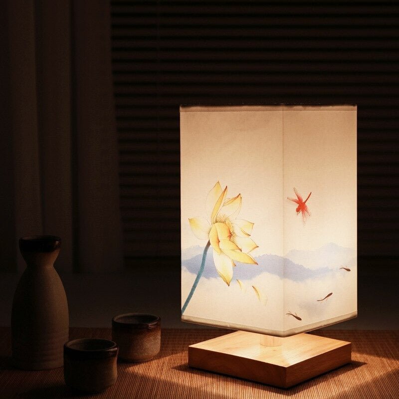 Modern Scandinavian table lamp featuring a sophisticated Japanese print on its fabric shade. Accent light.