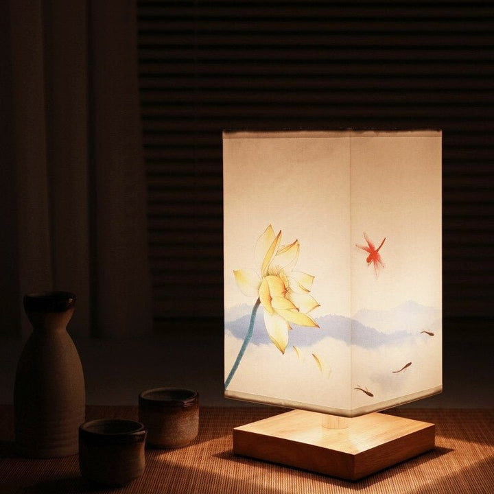 Modern Scandinavian table lamp featuring a sophisticated Japanese print on its fabric shade. Accent light.