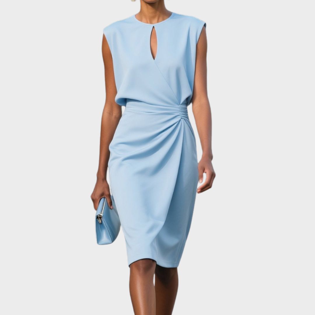 Elegant sleeveless keyhole neck knee-length dress for women, ideal for versatile styling.