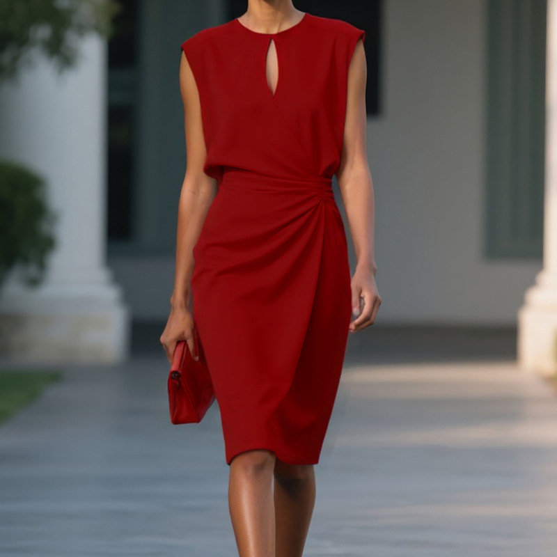 Elegant women's knee-length dress with a flattering keyhole neck, perfect for any occasion.