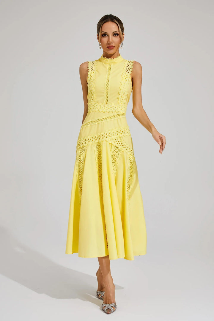 Women's midi yellow lace cocktail dress, sleeveless and elegant, ideal for formal events.