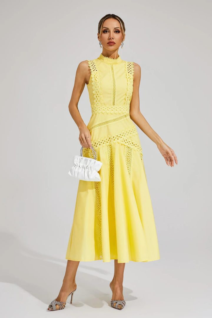 Sleeveless blue lace cocktail dress for women, an elegant and formal party dress.