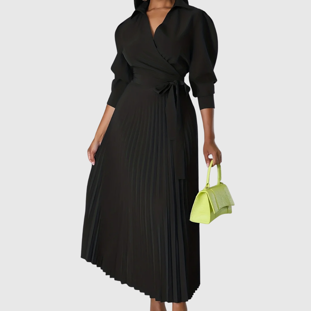 Women's wrap midi dress with soft pleats, perfect for elegant occasions.