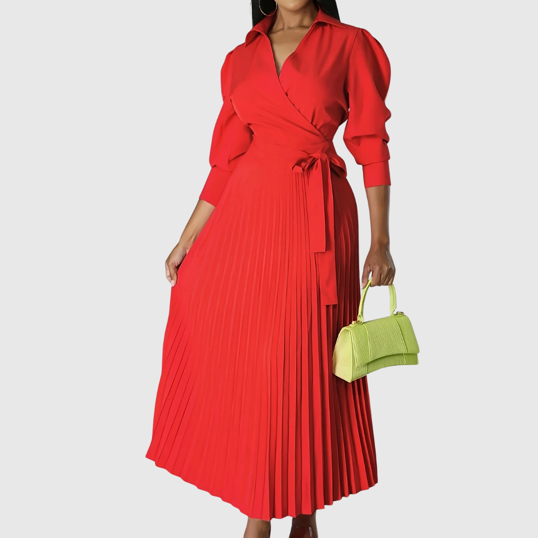 Classic pleated wrap midi dress for women, versatile day and evening style.