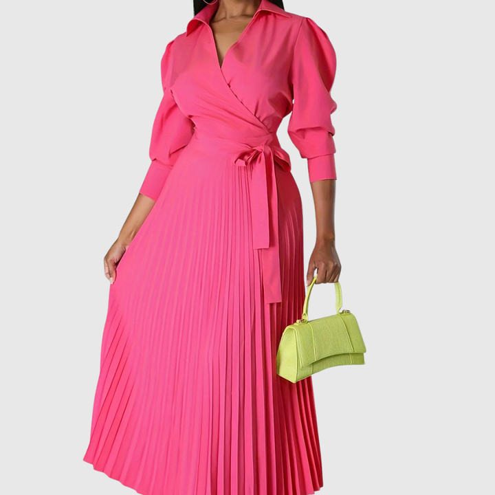 Midi length women's dress with soft pleating, a truly elegant design.