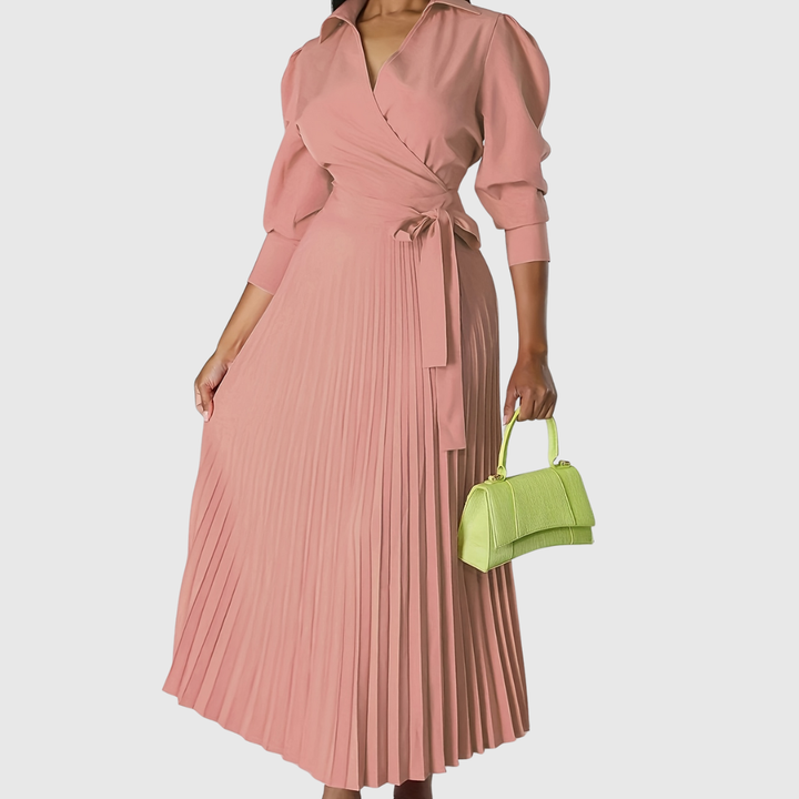 Wrap-style pleated midi dress for women, offering a sophisticated silhouette.