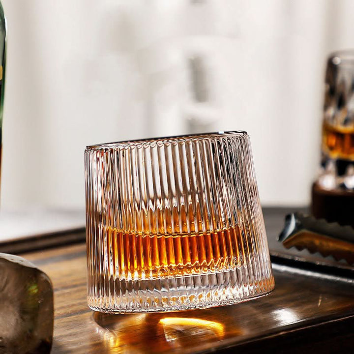 Unique spinning whiskey glass for enhanced spirit enjoyment, a modern Edo style Japanese barware and bourbon tumbler.