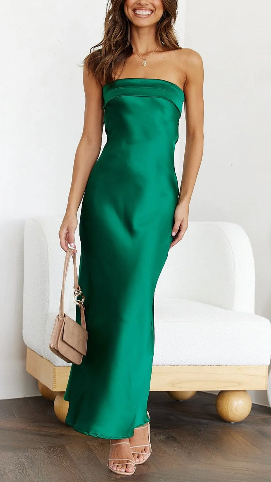 Stunning green satin maxi dress for women with a straight neckline, a chic option for evening events and formal wear.